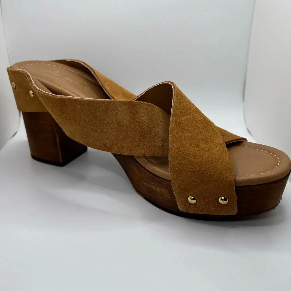 Mila Paoli Wood Block Heel Platform Sandals Suede Leather Made In Italy Size 10